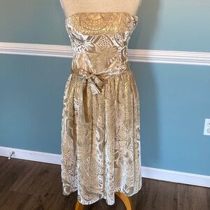 Molly New York gold silk blend velvet burnout strapless cocktail dress. Sz 6.
